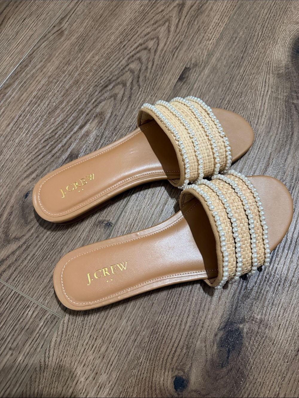 J. Crew Tan Beaded Slide Mules with Pearl Trim